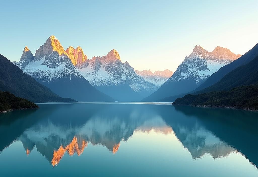 Majestic snow-capped mountains of Patagonia reflected in a serene turquoise lake at sunrise.