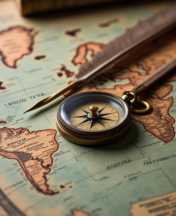 A vintage compass and quill pen resting on an old, beautifully illustrated world map.