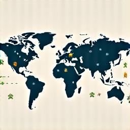 A world map with location pins and flight paths.