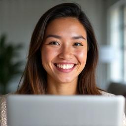 A person on a video call smiling.