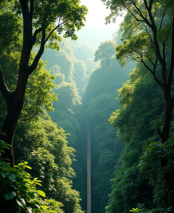 A lush, green rainforest canopy in Costa Rica with hanging bridges.